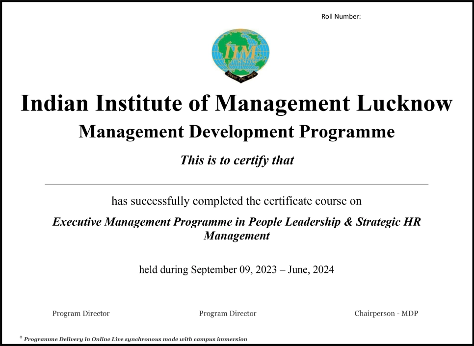 IIM Lucknow Senior Leadership Program Completion Certificate
